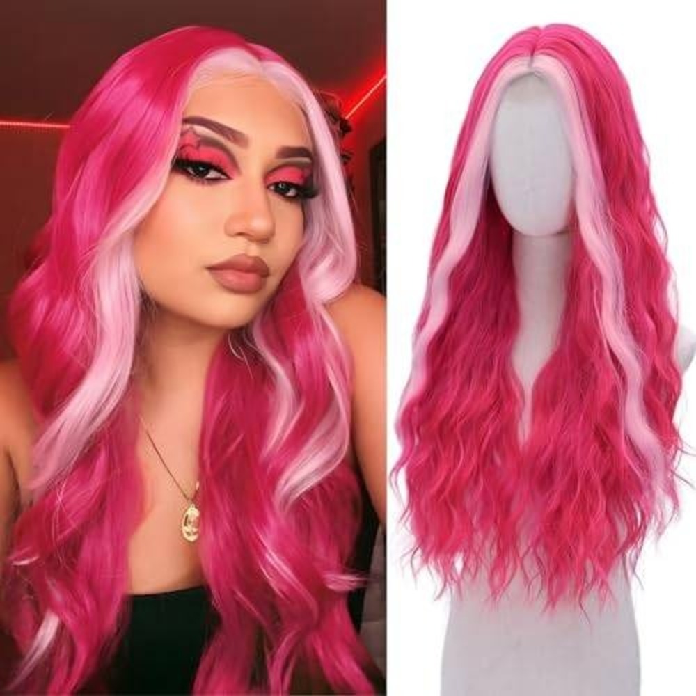 Hot Pink‎ Long Wavy Wig with Light Pink Money Piece Face Framing Highlights